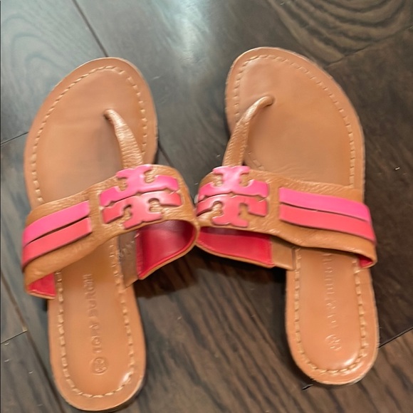 Tory Burch Vibrant Pink and Tan Sandals - Picture 1 of 4